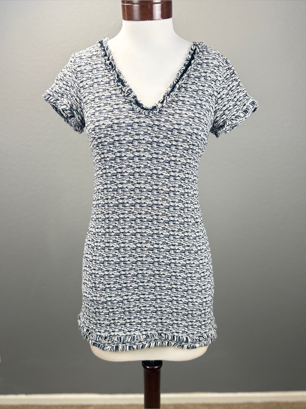 Twelfth Street Cynthia Vincent Tweed Fringe V Neck Shift Dress Boho Chic Sz 6